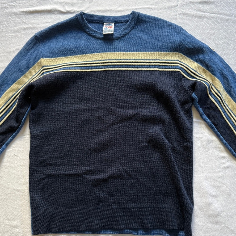 Vintage Rockee USA 100% Wool Sweater Mens Medium Blue Striped Crewneck USA Made